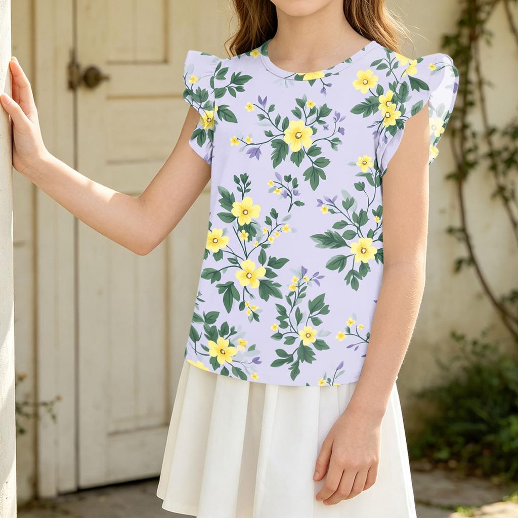 Girls' Short Sleeve Floral Print Ruffle Top with Round Neck for Casual Daily Wear