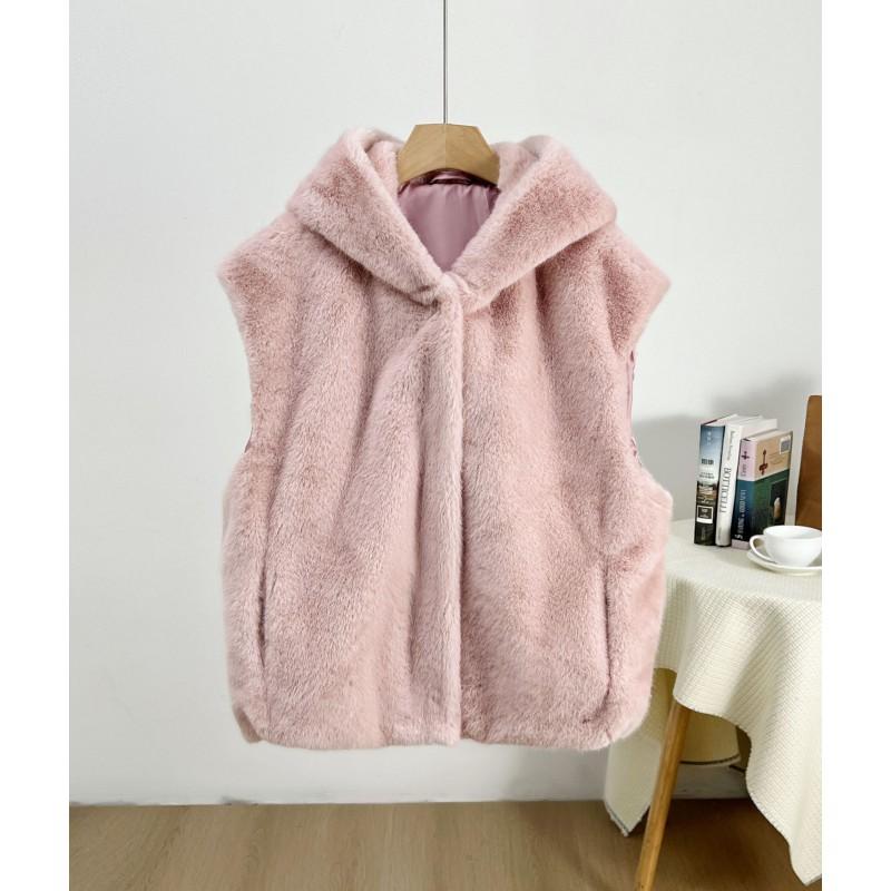 Nuovo Gilet con Cappuccio da Donna in Ecopelliccia Gilet Corto Monopetto Capospalla Casual