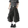 American Tooling Style Black Multi-pocket Wide-leg Pants Men's and Women's Loose Cropped Pants Pleated Design Denim Pants Tide