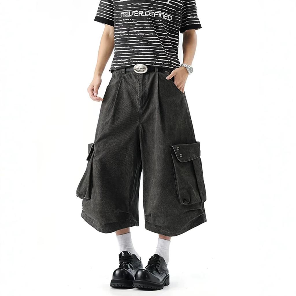 American Tooling Style Black Multi-pocket Wide-leg Pants Men's and Women's Loose Cropped Pants Pleated Design Denim Pants Tide