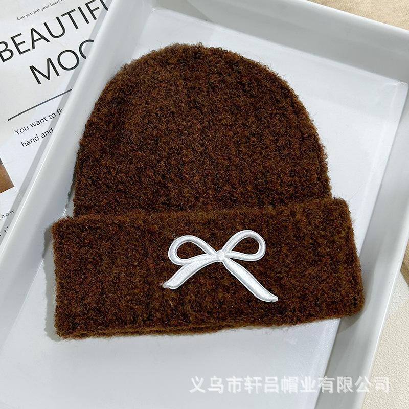 Versatile Fashion Embroidered Bow Knitted Hat Autumn and Winter New Solid Color Versatile Warm Wool Hat Cold Hat