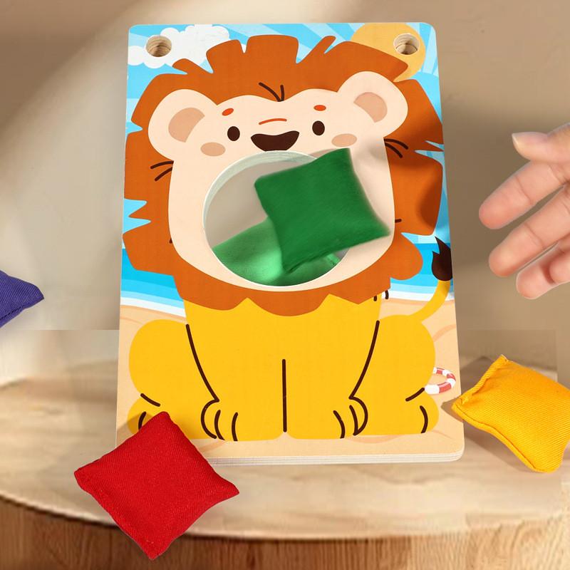 Childrens Lion Fun Bean Bag Toss Ring Game With Wooden Material For Educational Play