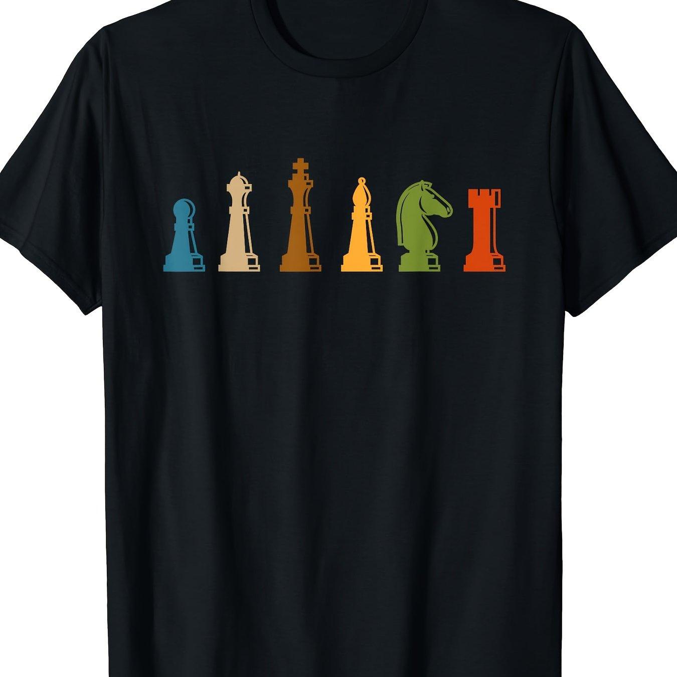 Retro Chess Pieces Graphic Tee Men Casual Breathable Cotton Short Sleeve TShirt S