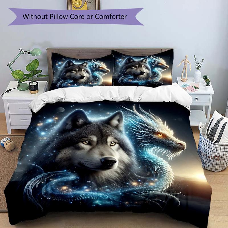 3pcs Galactic Wolf Dragon Print Cover Set Ultra Soft, Breathable, and Comfortable Bedding with Stylish Design for Bedroom and Guest Room Decor