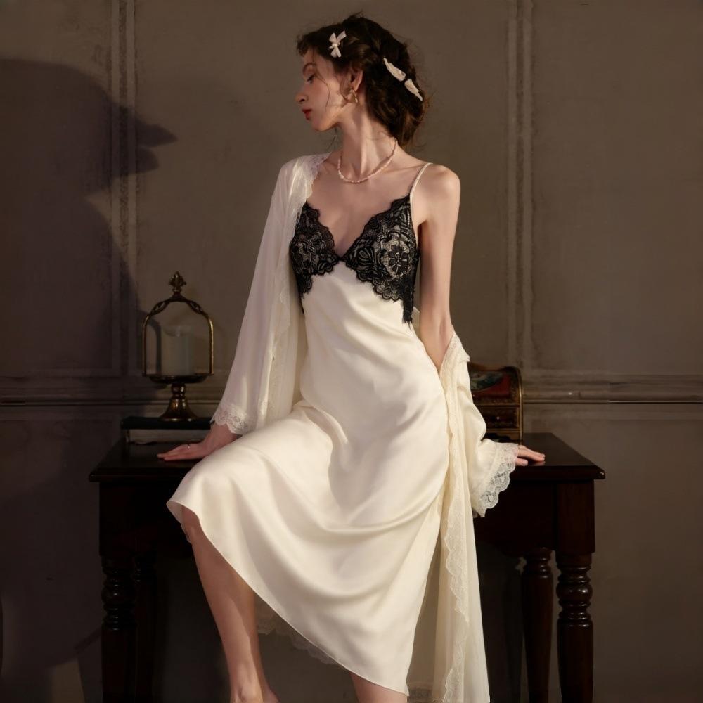 New long dress women's summer sexy ice silk pajamas suspender lace backless imitation silk homewear