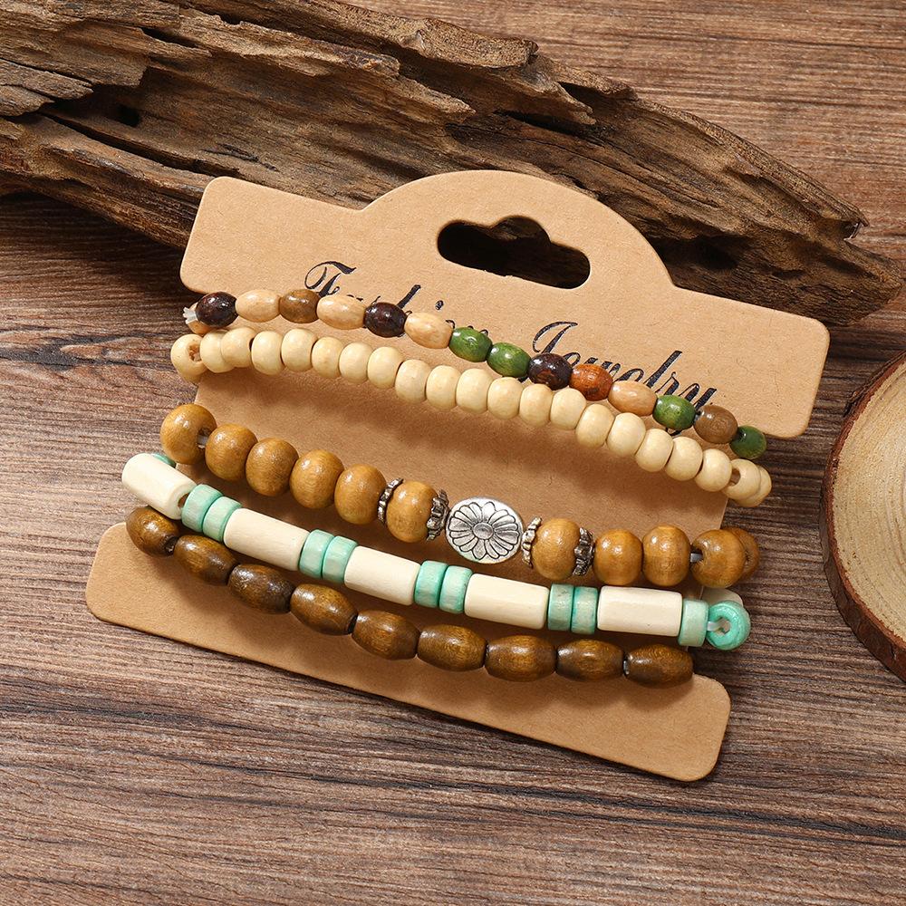 Color Wood Bead Small Flower Elastic Thread Five-piece Set Bracelet Elegant Fashion Handmade String Jewelry