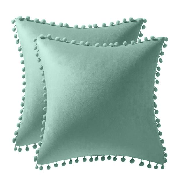 Set of 2 Velvet PIllowcase Solid Cushion Cover with Pom Poms Ball Throw Pillow Covers for Home Bed Sofa Decor 45X45  30X50 Cm