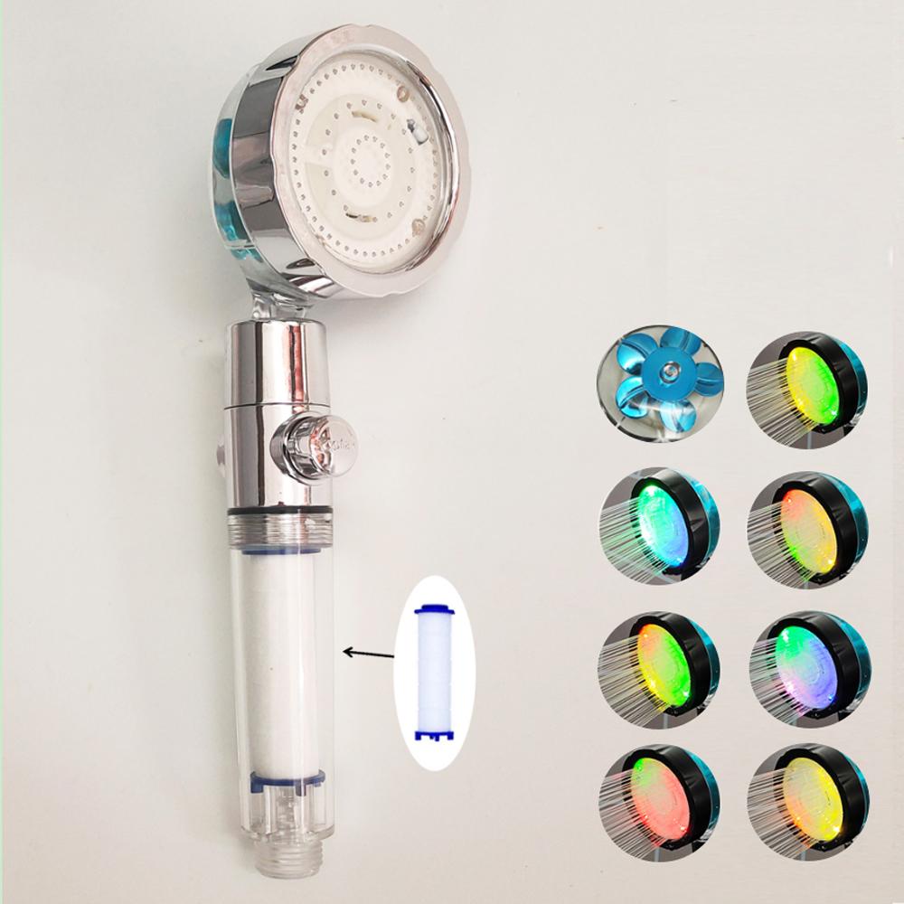 LED Temperature Sensor Shower Head With Stop Button 3/7 Colors Changes Turbo Propeller High Pressure Negative Ion Filter Shower