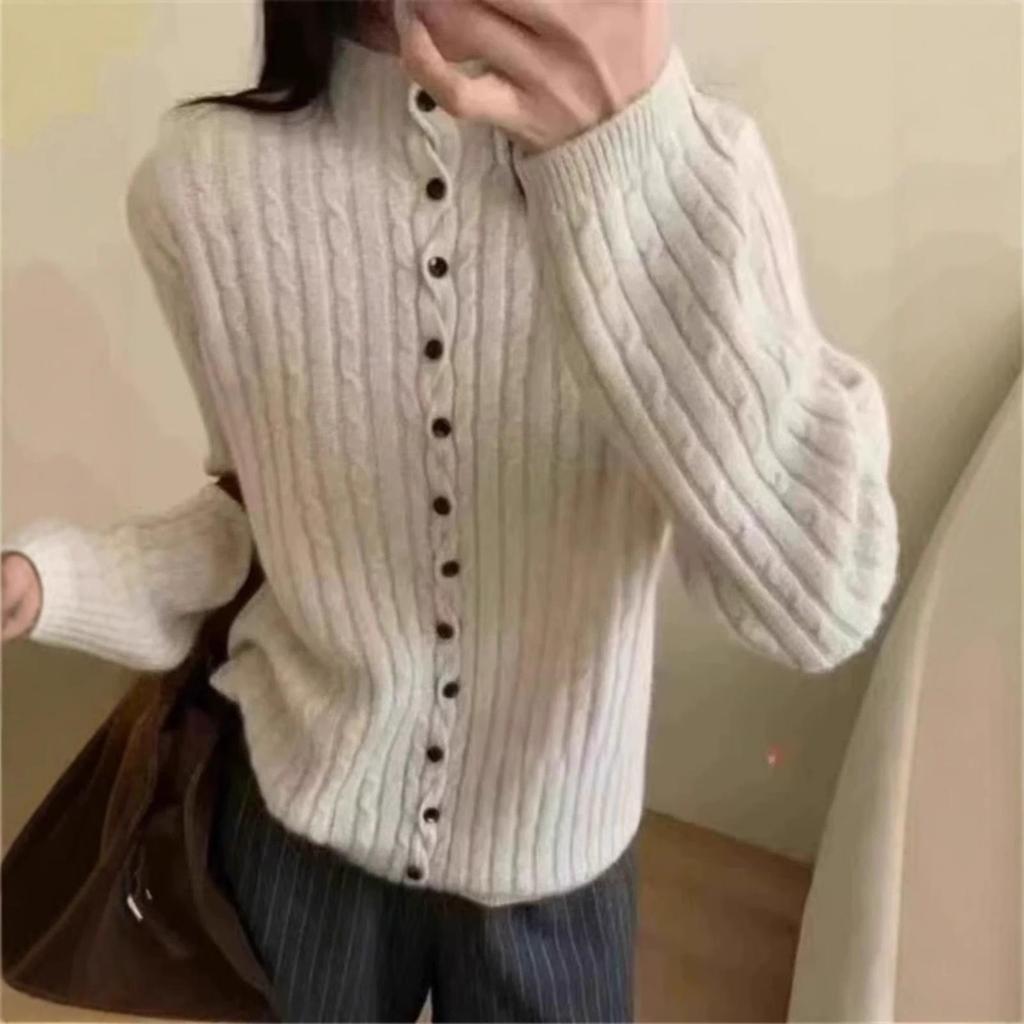 100% Pure Wool Women's High Neck Button-Up Cardigan - Autumn/Winter Sweater Coat