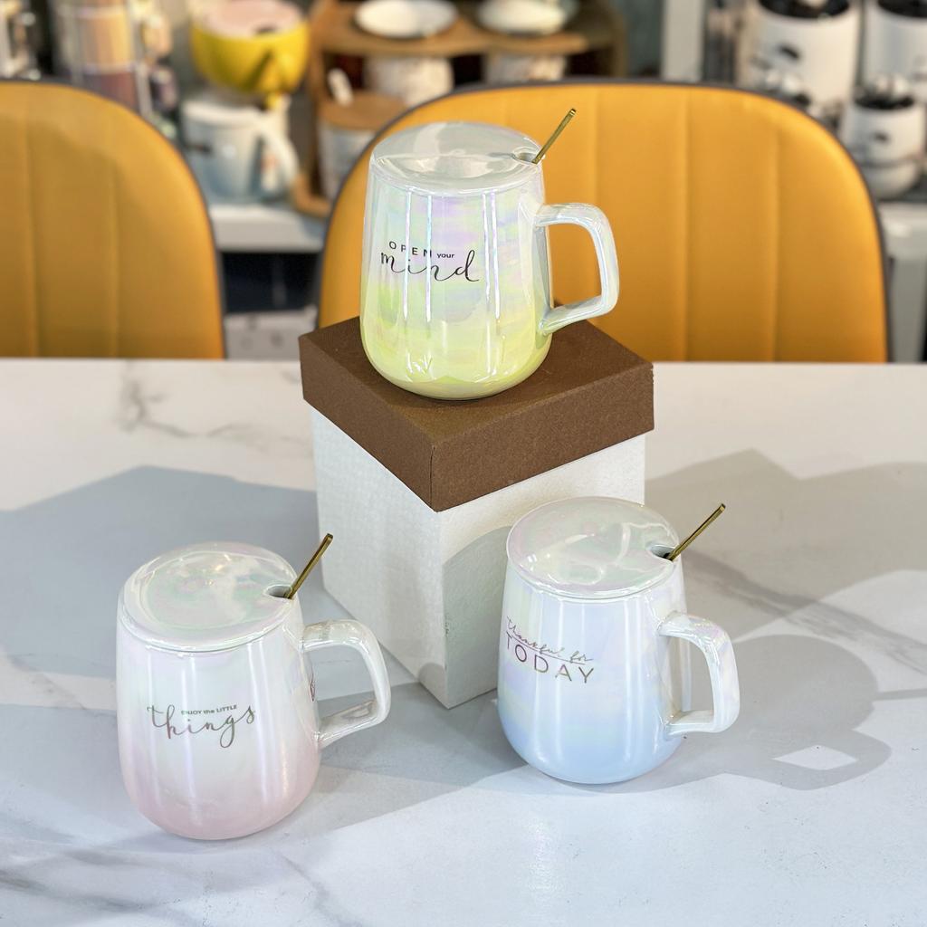 Pearl Glaze Ceramic Cup with Lid Spoon Couple Mug Pearl Fantasy Color Cup High Value High-quality Water Cup for Household Use