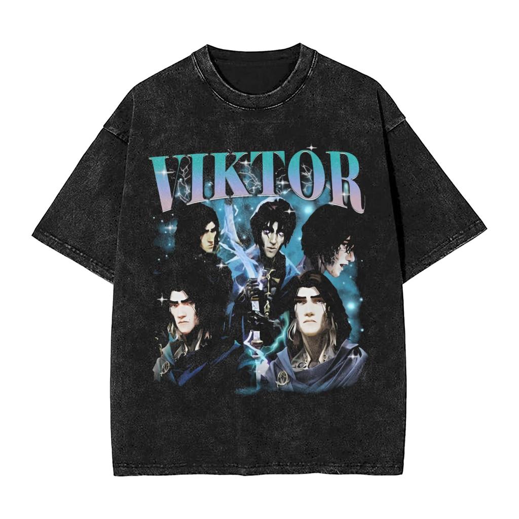 Anime Arcane Viktor Glorious Ovulation Graphic T Shirt Men Vintage Washed Cotton T-shirts Casual Oversized T-shirt Harajuku Tops