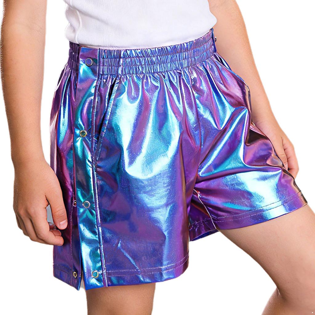 Children‘s Hip Hop Dance Shorts Metallic Finish Elastic Waistband Tear Away Side Buttons with Pockets for Stage Recital