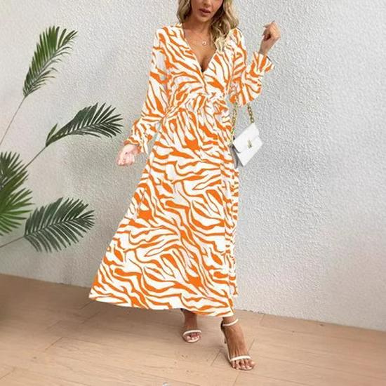 Zebra Print V-Neck Midi Dress - Elegant, Waist-Hugging, Long Sleeve, Autumn Fashion