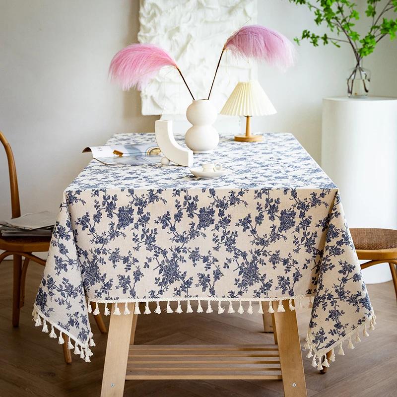 Blue Tablecloths Bohemian Floral Fabric Tassel Rectangle Dust-Proof for Home Decoration Kitchen Holiday Party Dining Table Cover