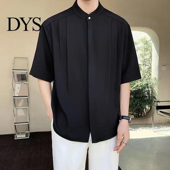 Formal Men Shirt Summer Stand Collar Ice Silk Solid Color Pleated Loose Fit Everyday Top Cardigan Half Sleeves Mid Length Casual Business Mature