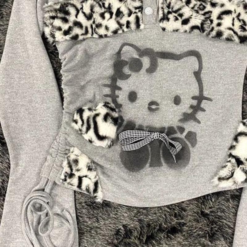 Long Sleeved T-shirt Early Spring American Style Kitten Print Patchwork Leopard Print Slim Fit Top Trend Sets