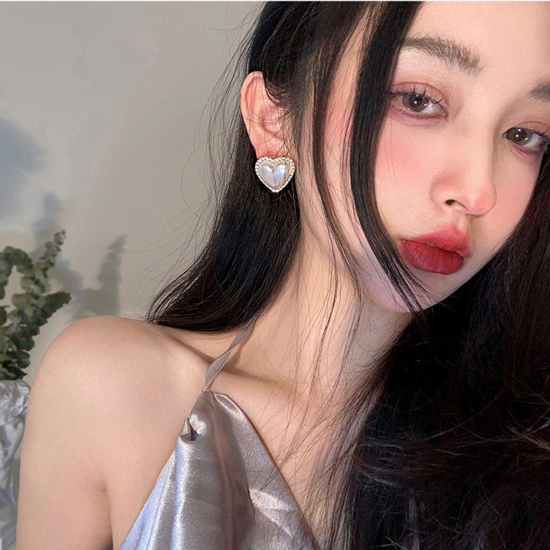 Korean Style Contracted Heart Pearl Earrings For Women Sweet Flower Zircon Geometric Stud Earring Girl Party Jewelry