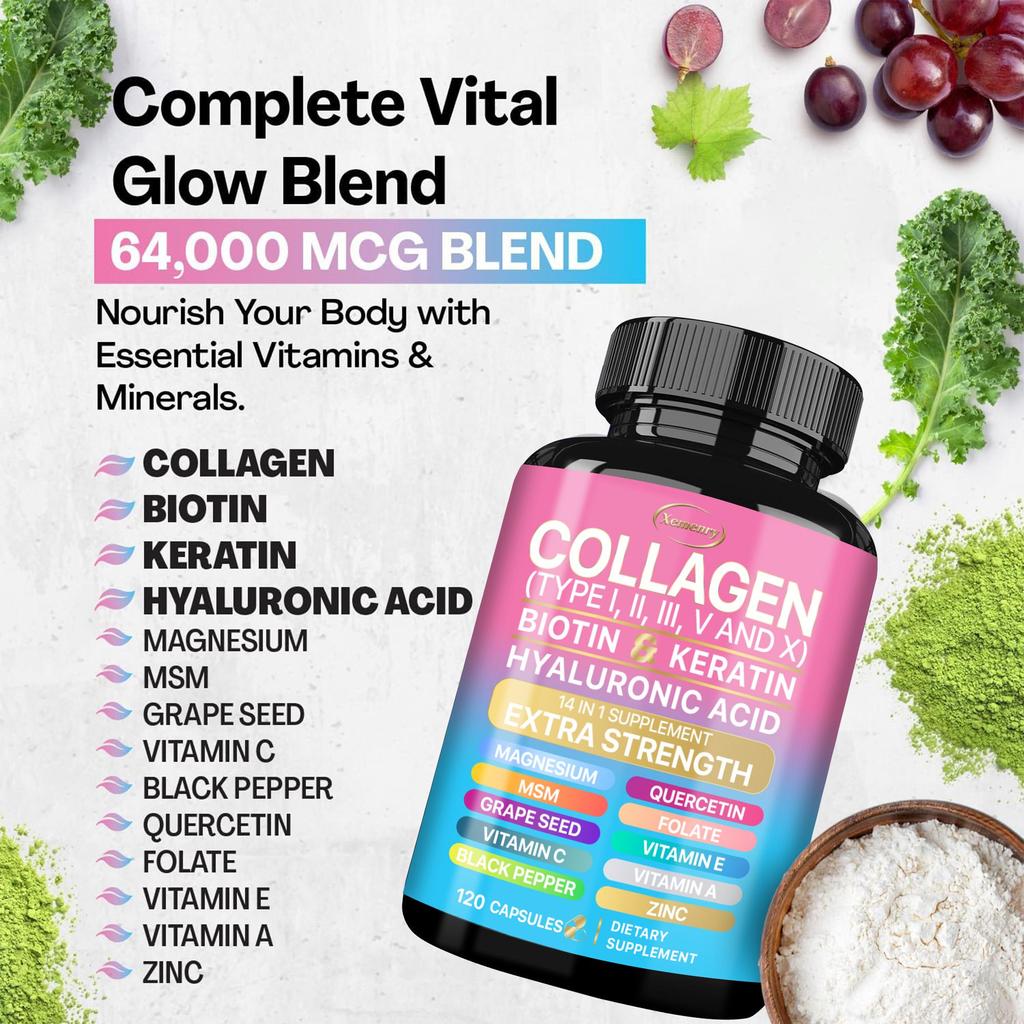 Collagen Peptide Capsules Containing Biotin, Keratin, Vitamin C, Vitamin E, Zinc, Magnesium, and Skin Health Support.