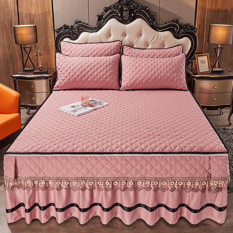 Seaweed Cotton Quilted Bed Skirt One-Piece Thickened Warm Removable Lace Bedspread Brushed Mattress Cover Three-Piece Set