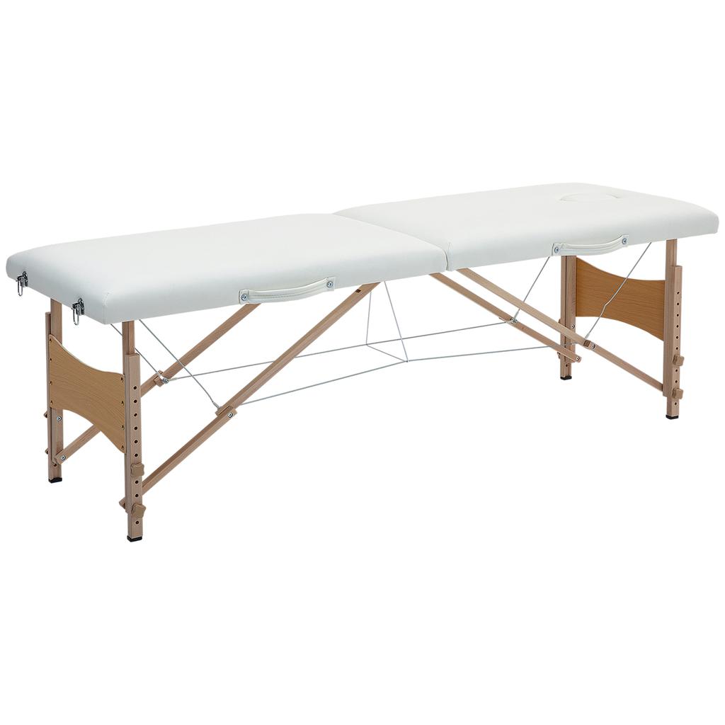 Mobile Massage Table 2 Zones Foldable Height-Adjustable Massage Table 60 Cm Wide with Carrying Bag Wooden Legs Cream White
