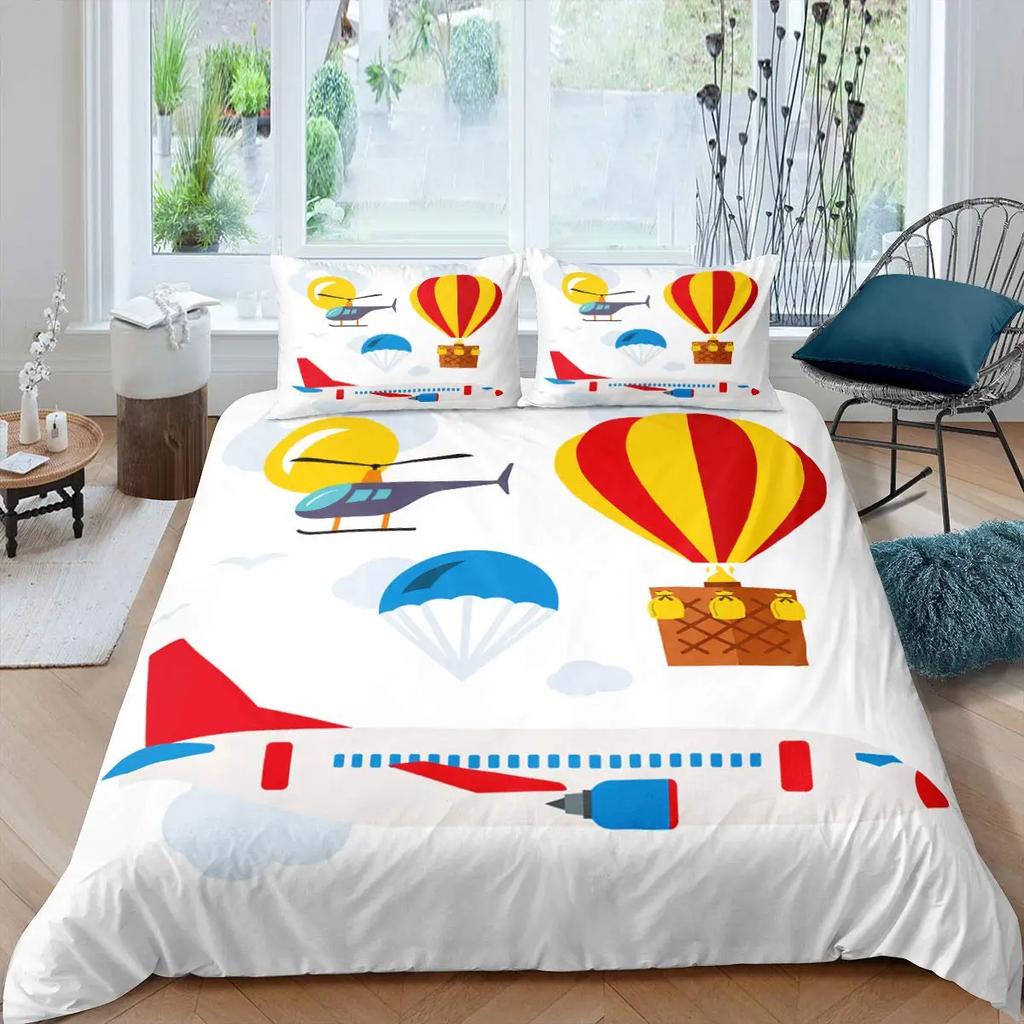 Airplane Cartoon Aircraft Duvet Cover For Boys Teens Air Balloon Aviation Parachute Blue Cloud Sky Seagull Nautical Birds