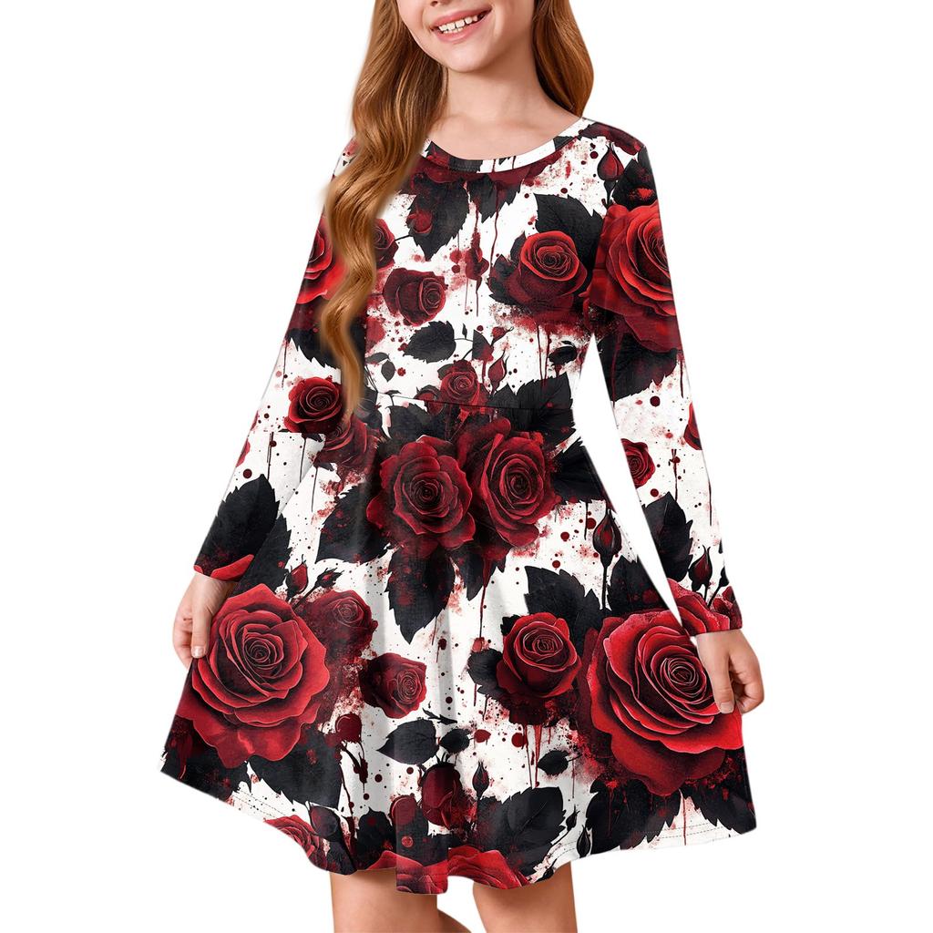 Girls' Summer Princess Dress Halloween Day- Long Sleeve A-Line T-Shirt Dress