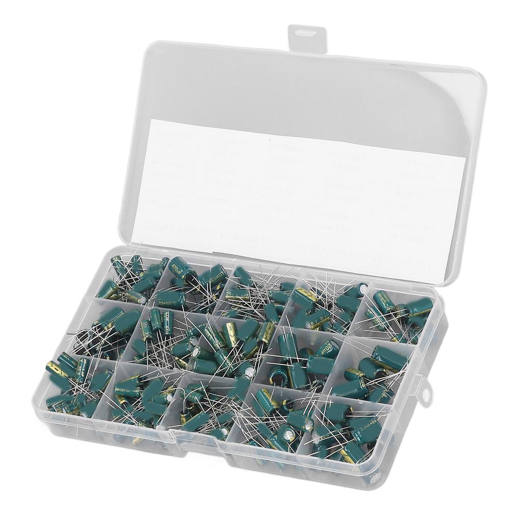 225PCS 15 Values Capacitor Assortment Kit In Line Type Aluminum Electrolytic Capacitors 16‑50V 1‑470