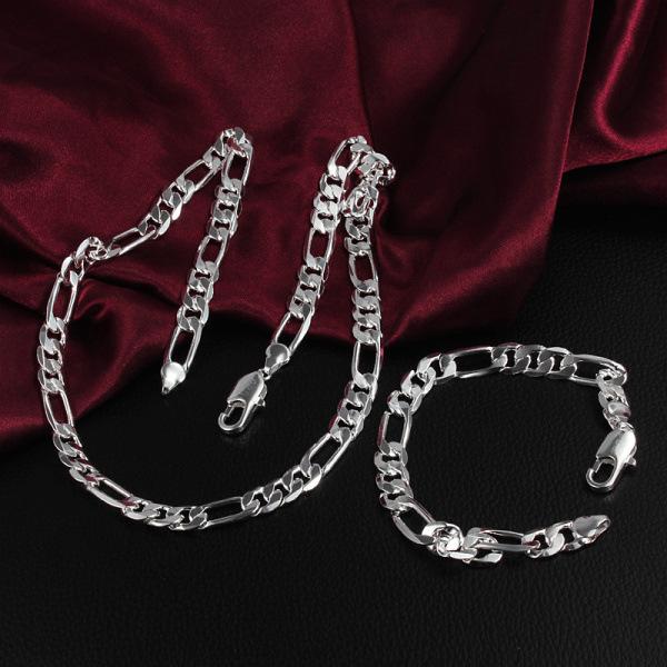 

925 Sterling Silver 2pcs 8MM 18/20/22/24 Inches Figaro Chain Bracelet Necklace Man Woman Fashion Wedding Gift Jewelry Accessorie 45cm and 20cm