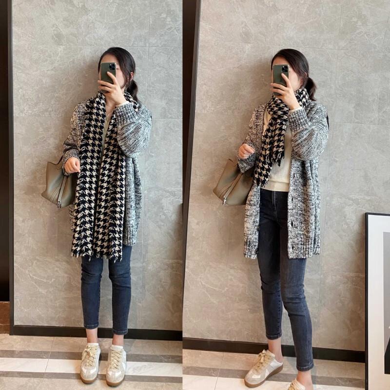 NINA SOLOR Color-block Houndstooth Cashmere Scarf