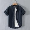 New Stand-up Collar Short-sleeved Cotton and Linen Shirt Men's Fresh Solid Color Loose Shirt