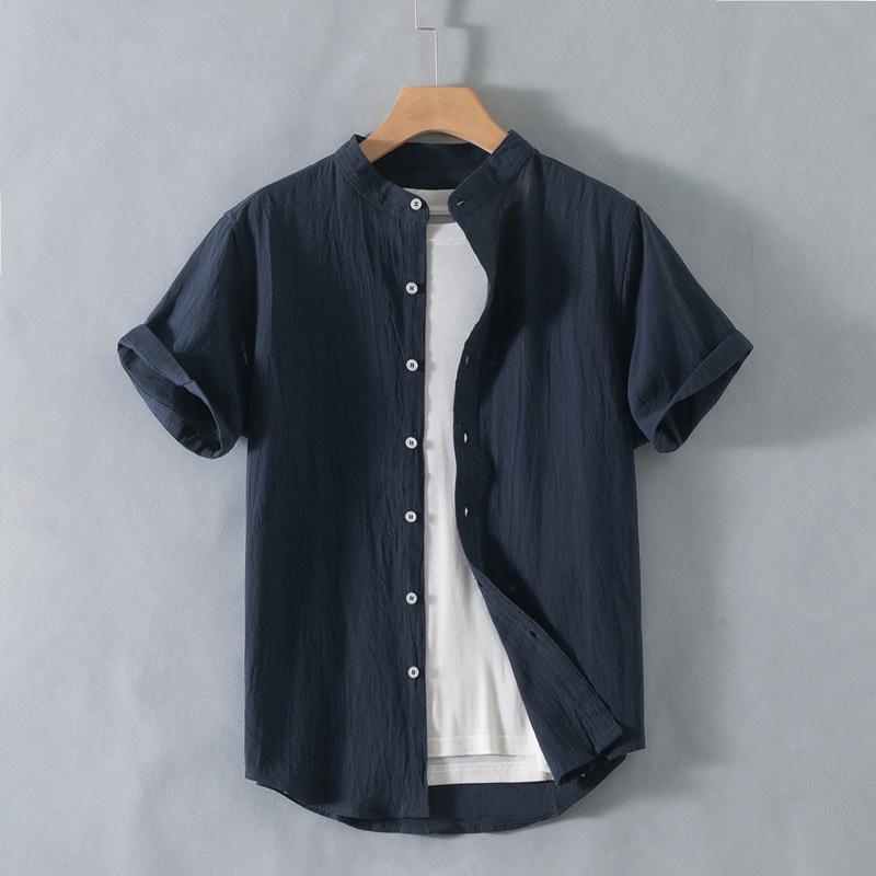 New Stand-up Collar Short-sleeved Cotton and Linen Shirt Men's Fresh Solid Color Loose Shirt