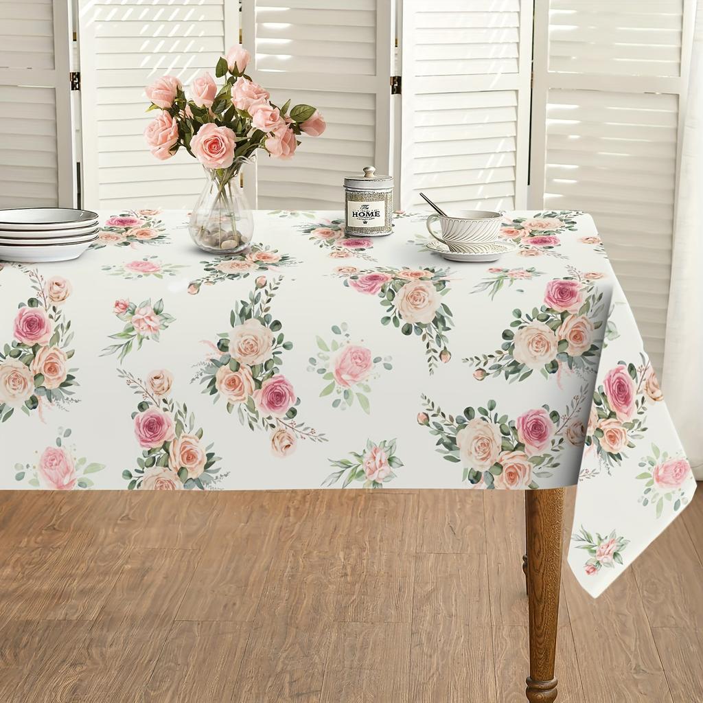 1pc Dish Cloth Polyester Tablecloth Pink Vintage Beautiful Rose Flower Party Table Tablecloth, Spring Summer Floral Table Cover