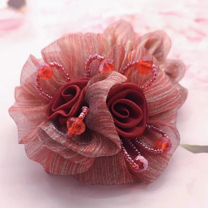 Gummiband Huvudsmycke Blomma Hårrep Elegant Kvinna Uppfrisyr Hästsvans Elastisk Stor Scrunchie Håraccessoarer för Kvinnor