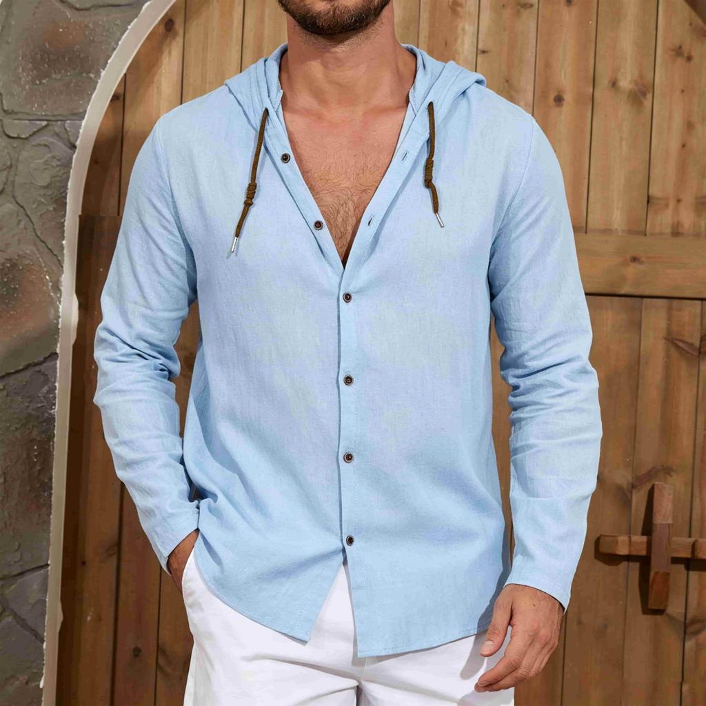 Chemise à Capuche Homme Manches Longues Boutonnée Texture Lin avec Boutons en Bois & Cordon de Serrage - Haut Léger d'Été Décontracté