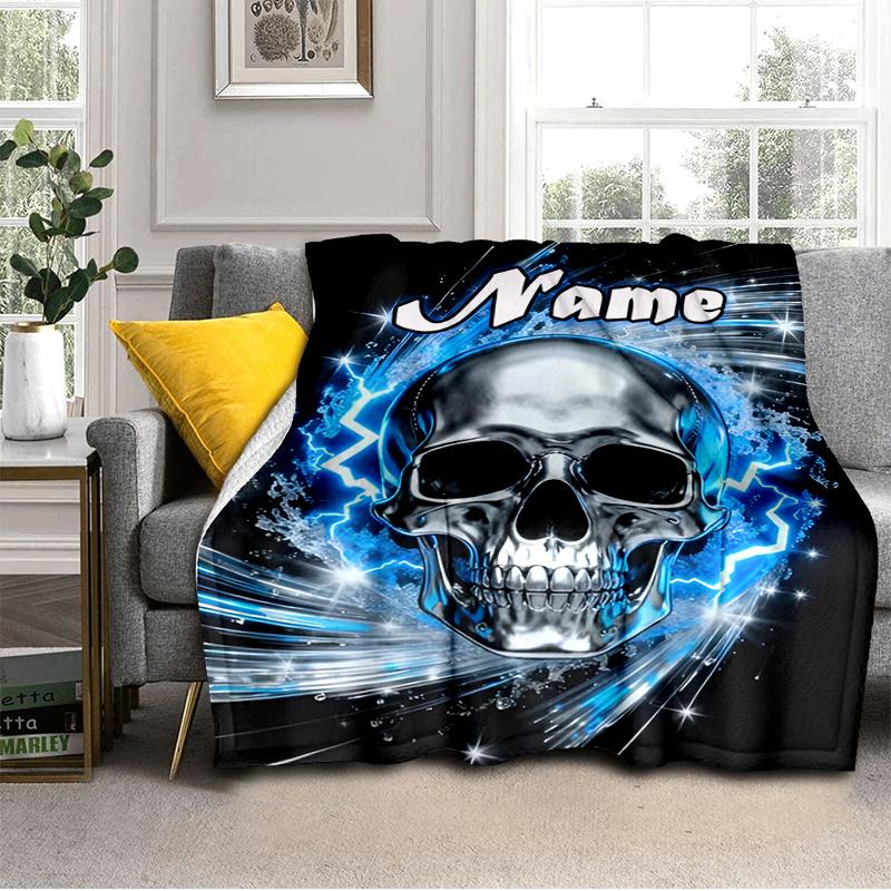 1PC Custom Name Electric Skull Artwork Outdooor Flannel Blankets Throw Blanket All-Season Throw Gift Bedspread for Couch, Bed, Camping Holiday Birthda
