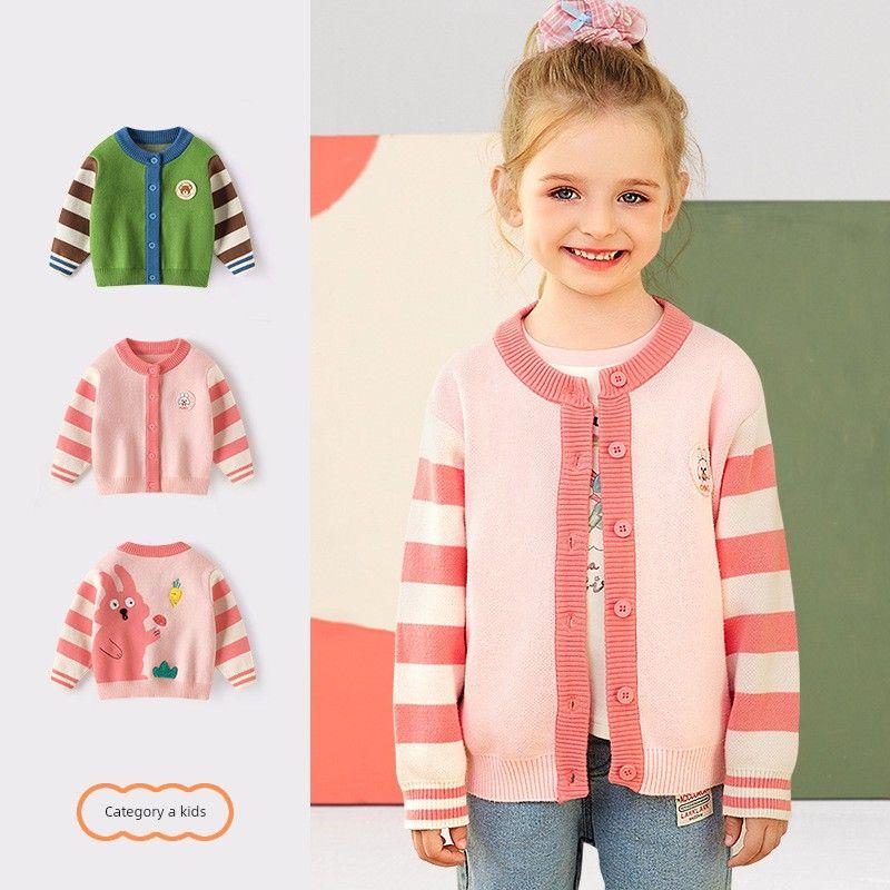 Cardigan Sweater Spring and Autum Kidsren's Clothing Korean Style Girls Cartoon Embroidered Logo Round Neck Outwear Baby Girl Pure Cotton Sweater
