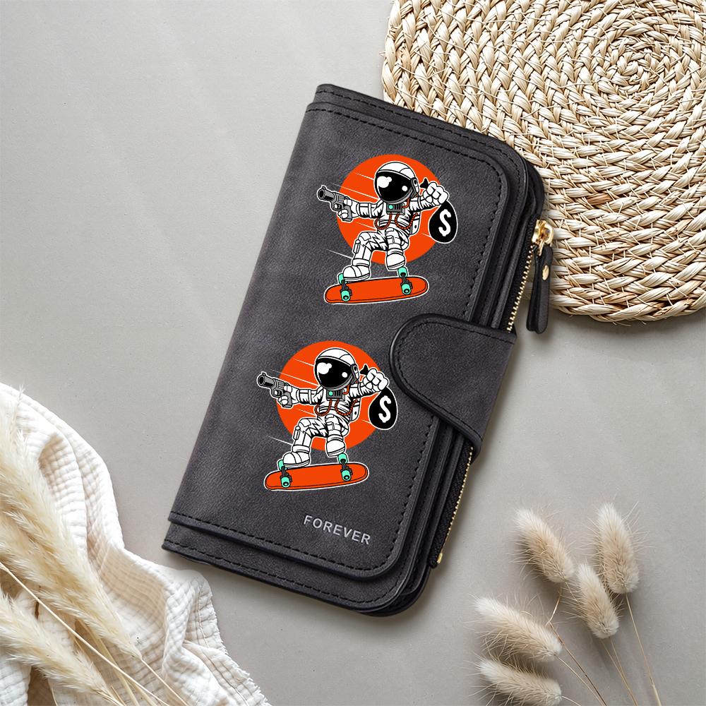 Cartoon Astronaut Print Long Wallet Multi Slot Card Holder Durable Purse