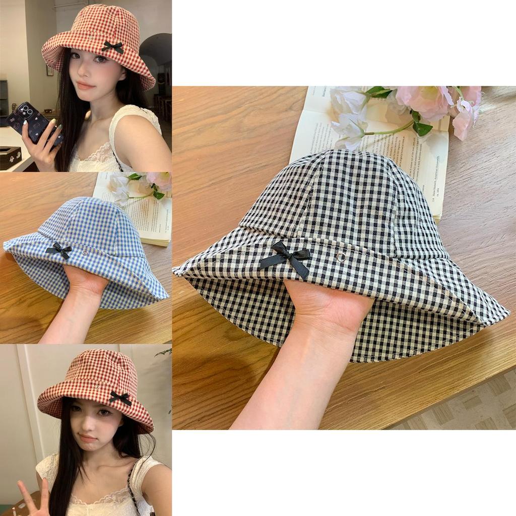 Stylish Korean Checkered Bowknot Fisherman Hat For Women Ideal For Summer Travel And Sun Protection