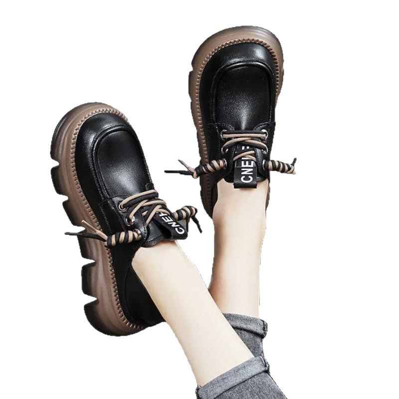 Echte weiche Leder-Loafer Damen Britischer Stil Frühling und Herbst 2025 neu dicksohlige Schnürer vielseitige weichsohlige kleine Lederschuhe