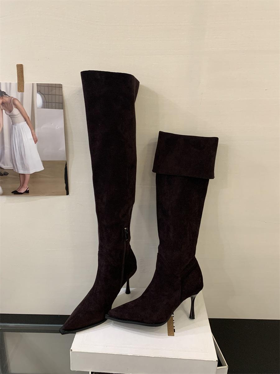 

Over-knee boots women s 2025 autumn and winter new suede tall elastic pointed thin boots thin heel two wear stacking boots 39 темно-коричневого кольору