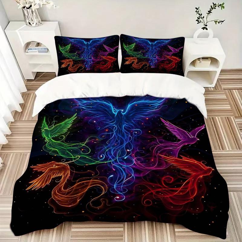 3pcs Multicolored Phoenix Bedding Set, Including 1 Quilt Cover and 2 Pillow Shams, Without Filling, Soft and Comfortable Home Bedroom Fabric, Fas