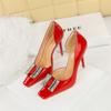 Fashion Western Style Party Super High Heels Pumps Patent Leather Shallow Mouth Square Toe Metal Crystal Buckle Lady Single Shoes Red