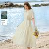 French Style V-Neck Puff Sleeve Linen Blend Midi Dress