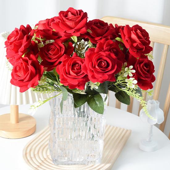 7-Head Artificial Rose Realistic Fake Flower Bouquet Home Office Wedding Party Indoor Outdoor Faux Bloom Table Centerpiece Decoration