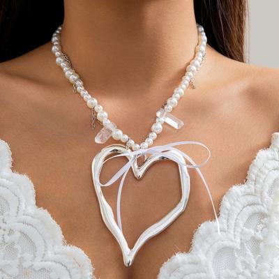 Women Necklace Faux Pearl Big Heart Pendant Hollow Chain Bow Decor Adjustable Length Stainless Neck Decoration Jewelry Party Beach Clavicle Necklace