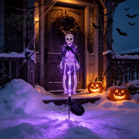 Standing Skeleton Stakes for Garden Solar Yard Stake Light Halloween Glowing Skull Decor Waterproof Path with Cloak Outdoor Lawn Lamp Haunted House