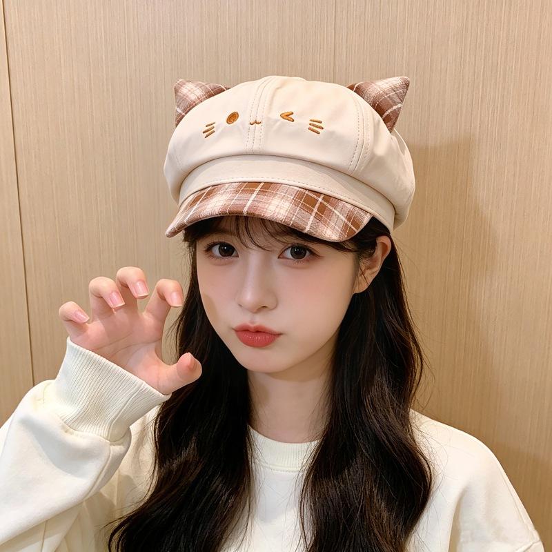 Plaid three-dimensional cartoon embroidered octagonal hat lady cute newsboy hat girl shade beret hat