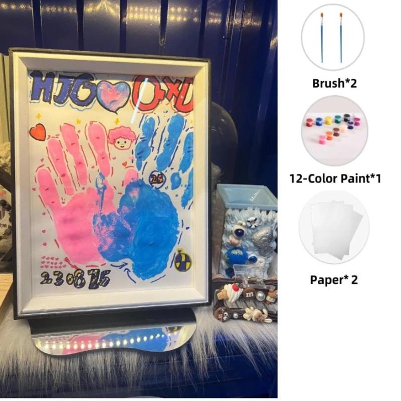 Diy Couple Hand Paint Shadow Box Frame Wooden Handprint Photo Frame 12-Color Paint Set Display Gifts
