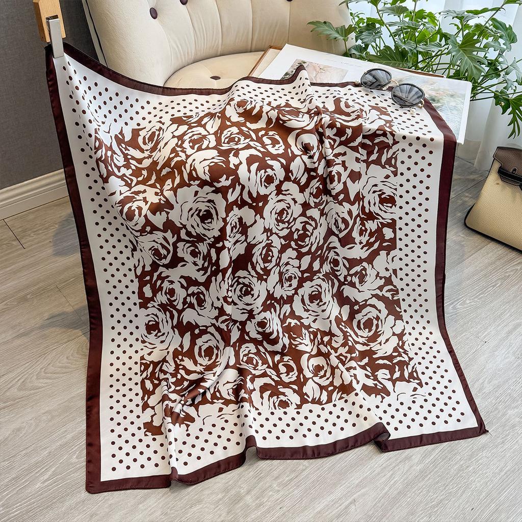 Polka Dot Camellia 90 Imitation Silk Large Square Scarf Shawl Commuting Versatile Printed Scarf Headscarf Silk Scarf Women