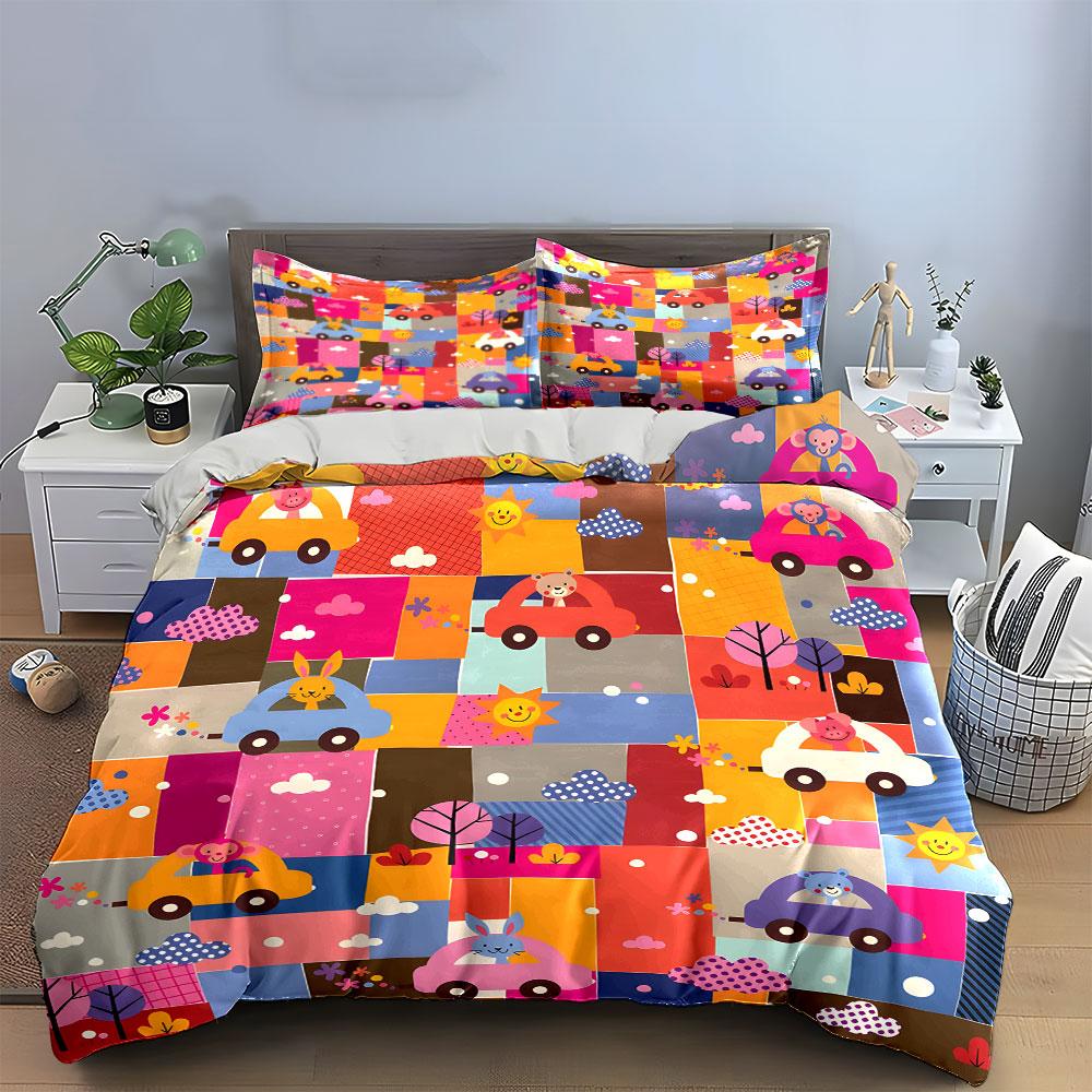 Colorful Animal Cars Pattern Bedding Duvet Cover Set  (1*Duvet Cover 2*Pillowcases, Without Duvet Insert)